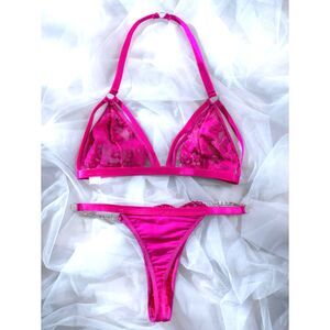 X-Large Hot Pink Floral Lace Harness Wireless Bra & Thong Lingerie Set